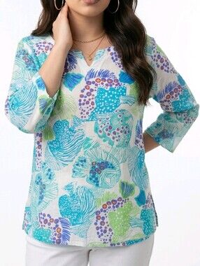 iCantoo White Tunic with Blue & Green Abstract Print Cotton 2XL